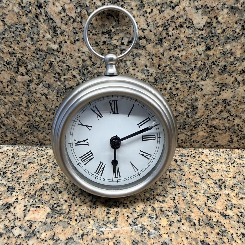 Pottery Barn Silver Pocket Watch Desk Clock Quartz Roman Numerals Tabletop Decor